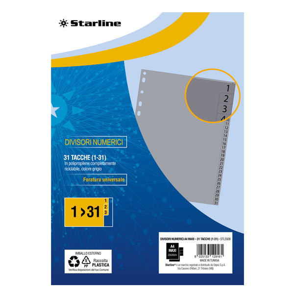 STARLINE - 2000018C5-STL - Divisori numerici 31 tacche - A4 Maxi - PP - grigio - Starline - STL5509 - Conf. da 1 Pz.