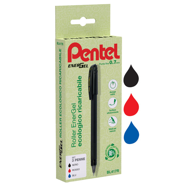 PENTEL - 0022418 - Roller Energel Recycology 96 - punta 0,7 mm - nero-rosso-blu - Pentel - conf. 3 pezzi - 100011 -  Conf. da 1 Pz.