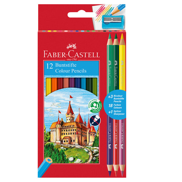 FABER-CASTELL - 110312 - Matita colorata eco Il Castello+3 bicolor - diametro mina 3,00 mm - colori assortiti - Faber Castell - astuccio 12 pezzi - 100064 - Conf. da 1 Pz.