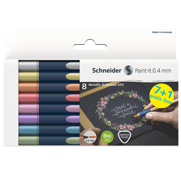 SCHNEIDER - P700496 - Astuccio 8 Metallic Roller 050 punta 0.4mm colori assortiti Schneider - 100259 - Conf. da 1 Pz.