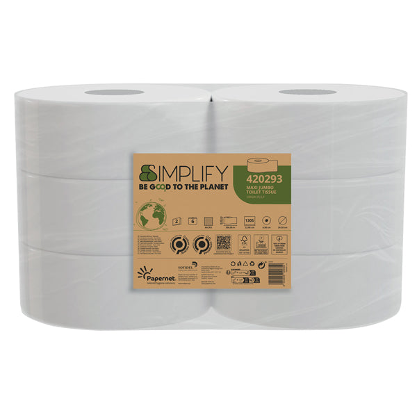 PAPERNET - 420293 - Pacco 1305 strappi Carta Igienica MaxiJumbo goffratura micro SIMPLIFY Papernet - 100617 - Conf. da 6 Pz.