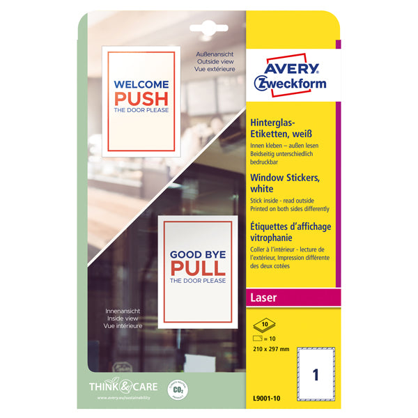 AVERY - L9001-10 - Etichette adesive per finestre - in carta - con pellicola - laser - rimovibili - 210 x 297 mm - 1et-fg - 10 fogli - bianco - Avery - 100676 - Conf. da 1 Pz.