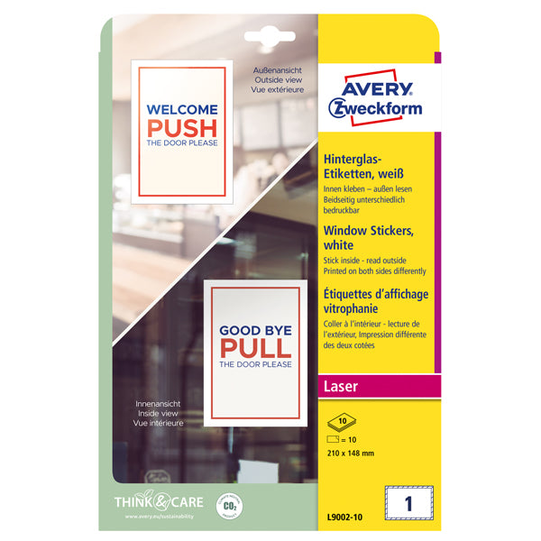 AVERY - L9002-10 - Etichette adesive per finestre - in carta - con pellicola - laser - rimovibili - 210 x 148 mm - 1et-fg - 10 fogli - bianco - Avery - 100677 - Conf. da 1 Pz.