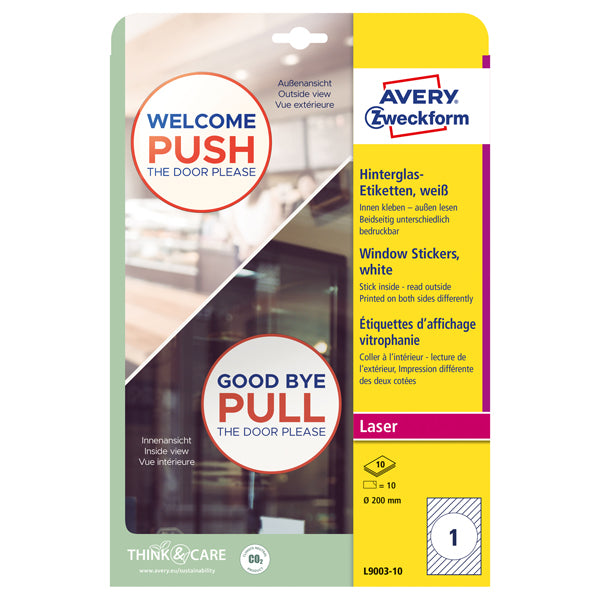 AVERY - L9003-10 - Etichette adesive per finestre - in carta - con pellicola - laser - rimovibili - diametro 200 mm - 1et-fg - 10 fogli - bianco - Avery - 100678 - Conf. da 1 Pz.