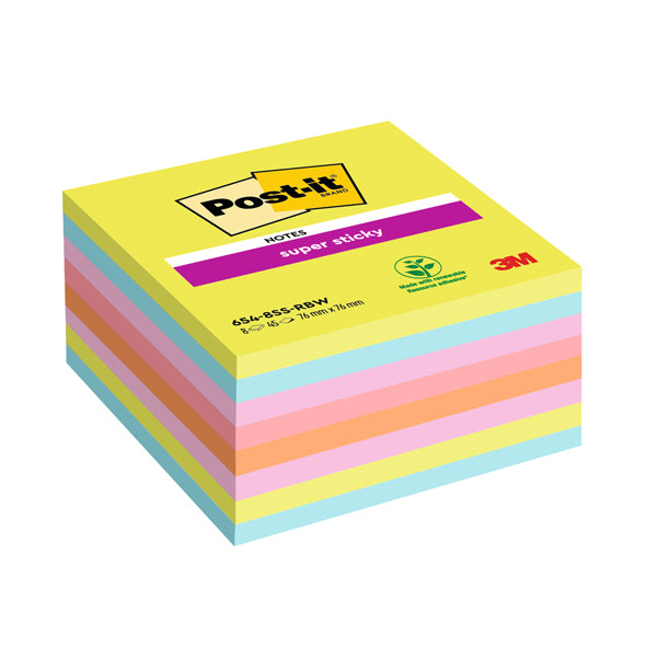 POST-IT - 7100263310 - Cf. 8pz blocco 450fg. Post-it Super Sticky 76x76mm 654-8SSRBW colori assortiti - 101846 - Conf. da 1 Pz.