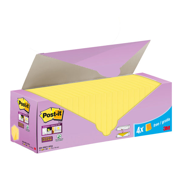 POST-IT - 7100236613 - Cf. 20+4pz blocco 90fg.Post-it Super Sticky 76x76mm 654-SSCY-VP24 giallo Canary - 101853 - Conf. da 1 Pz.