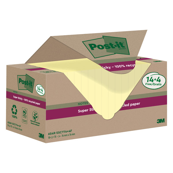 POST-IT - 7100284878 - Cf. 14+4pz blocco 70fg Post-it SuperSticky Green 76x76mm 654R-SSCY14+4 giallo - 101859 - Conf. da 1 Pz.