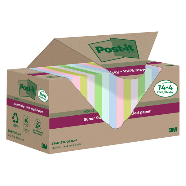 POST-IT - 7100284782 - Cf 14+4pz blocco 70fg Post-it SuperSticky Green 76x76mm 654R-SSCOL14+4 pastello - 101860 - Conf. da 1 Pz.