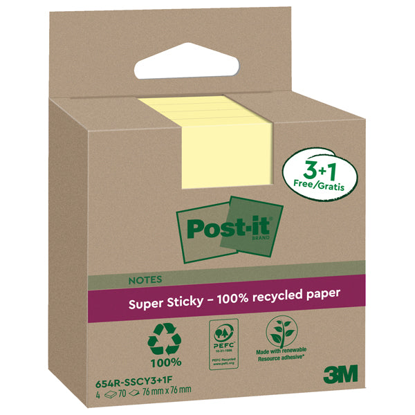 POST-IT - 7100285105 - Cf. 3+1pz blocco 70fg Post-it SuperSticky Green 76x76mm 654R-SSCY3+1 giallo - 101861 - Conf. da 1 Pz.