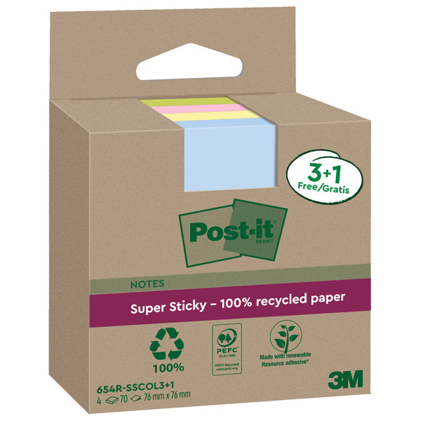 POST-IT - 7100285103 - Cf. 3+1pz blocco 70fg Post-it SuperSticky Green 76x76mm 654R-SSCOL3+1 pastello - 101862 - Conf. da 1 Pz.