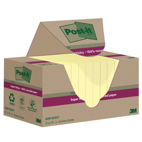 POST-IT - 7100284576 - Cf. 12pz blocco 70fg Post-it SuperSticky Green 47,6x47x6mm 622R-SSCY giallo - 101865 - Conf. da 1 Pz.