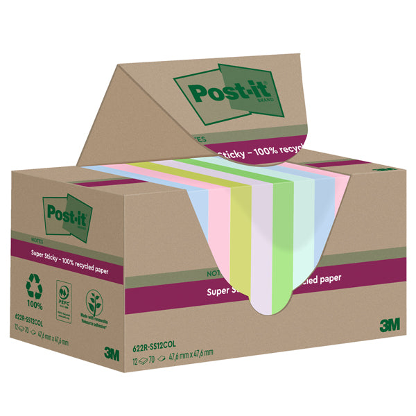 POST-IT - 7100284780 - Cf 12pz blocco 70fg Post-it SuperSticky Green 47,6x47x6mm 622R-SS12COL pastello - 101866 - Conf. da 1 Pz.