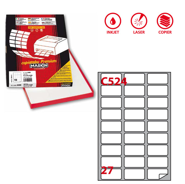 MARKIN - 210C524 - Etichette adesive C524 - permanenti - angoli arrotondati - 56 x 28 mm - 27 et-fg - 100 fogli A4 - bianco - Markin