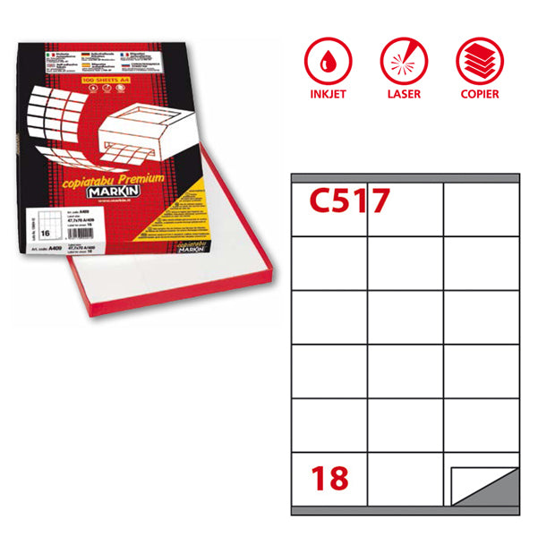 MARKIN - 210C517 - Etichette adesive C517 - permanenti - 70 x 48 mm - 18 et-fg - 100 fogli A4 - bianco - Markin