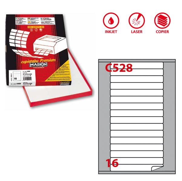 MARKIN - 210C528 - Etichette adesive C528 - permanenti - angoli arrotondati - 145 x 17 mm - 16 et-fg - 100 fogli A4 - bianco - Markin