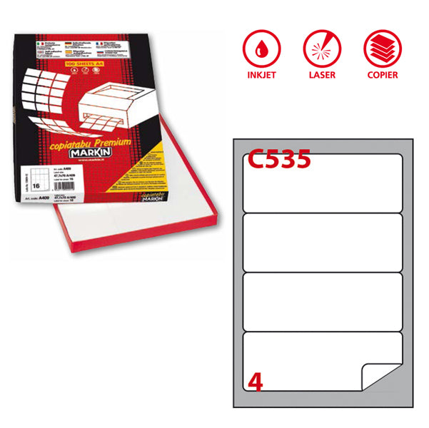 MARKIN - 210C535 - Etichette adesive C535 - permanenti - angoli arrotondati - 190 x 61 mm - 4 et-fg - 100 fogli A4 - bianco - Markin