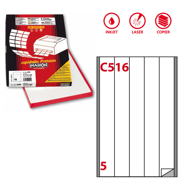MARKIN - 210C516 - Etichette adesive C516 - permanenti - 40 x 297 mm - 5 et-fg - 100 fogli A4 - bianco - Markin