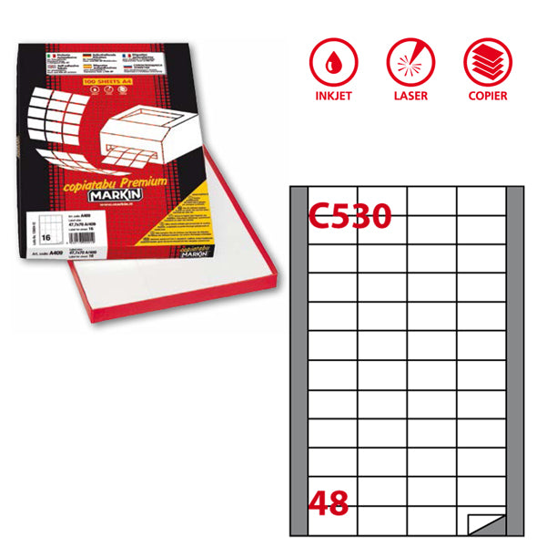 MARKIN - 210C530 - Etichette adesive C530 - permanenti - 48 x 25 mm - 48 et-fg - 100 fogli A4 - bianco - Markin