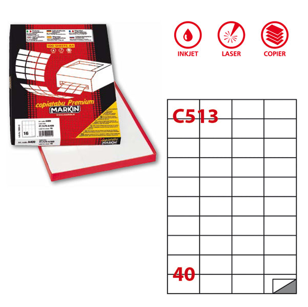 MARKIN - 210C513 - Etichette adesive C513 - permanenti - 52,5 x 29,7 mm - 40 et-fg - 100 fogli A4 - bianco - Markin