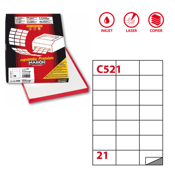 MARKIN - 210C521 - Etichette adesive C521 - permanenti - 70 x 42,43 mm - 21 et-fg - 100 fogli A4 - bianco - Markin