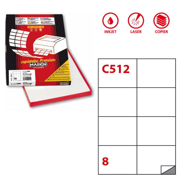 MARKIN - 210C512 - Etichette adesive C512 - permanenti - 105 x 74,25 mm - 8 et-fg - 100 fogli A4 - bianco - Markin