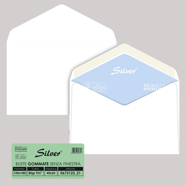 PIGNA - 067312321 - Busta Busta Silver Matic FSC - senza finestra - gommata - 12 x 18 cm - 70 gr - bianco - Pigna - conf. 25 pezzi