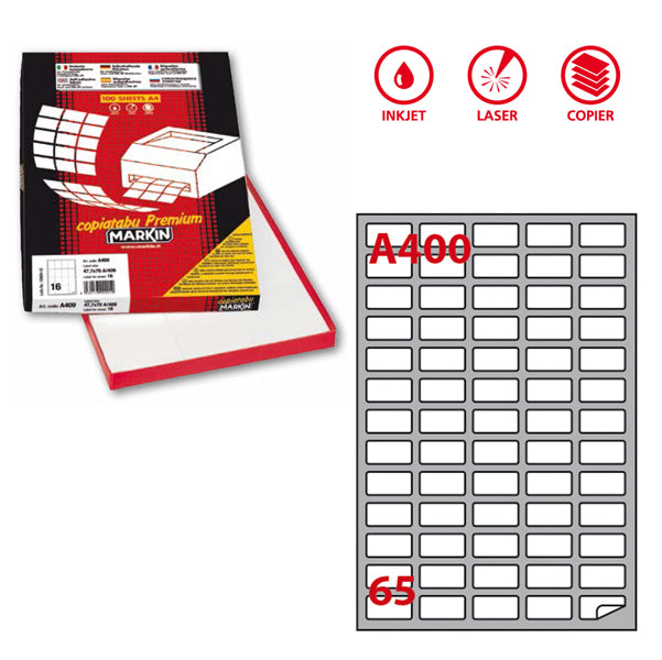 MARKIN - 210A400 - Etichette adesive A400 - permanenti - 38,1 x 21,2 mm - 65 et-fg - 100 fogli A4 - bianco - Markin