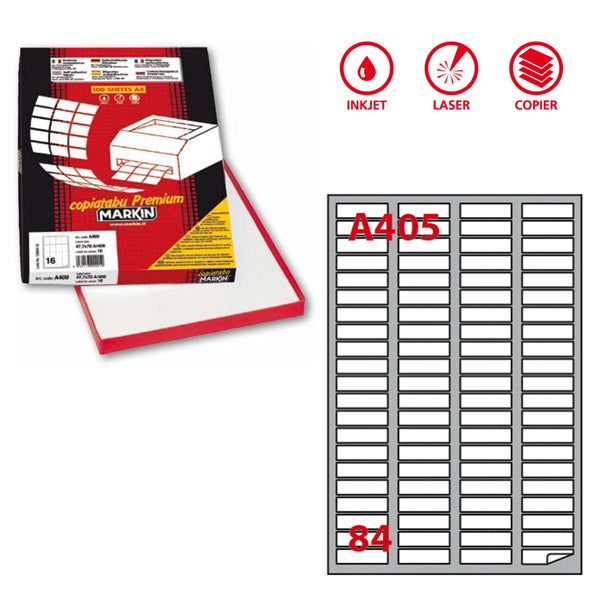 MARKIN - 210A405 - Etichette adesive A405 - permanenti - 46 x 11,1 mm - 84 et-fg - 100 fogli A4 - bianco - Markin