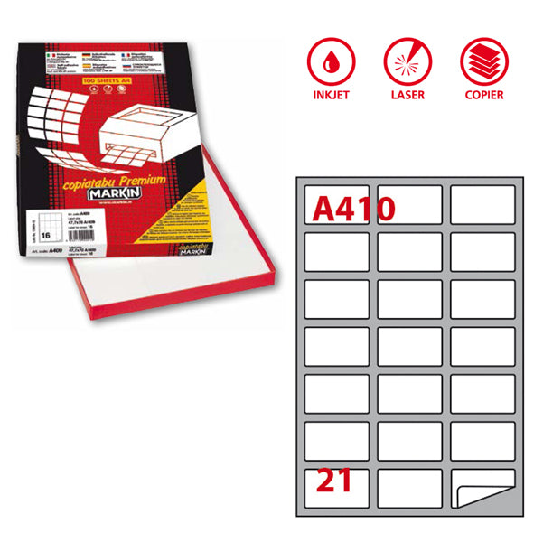 MARKIN - 210A410 - Etichette adesive A410 - permanenti - 63,5 x 38,1 mm - 21 et-fg - 100 fogli A4 - bianco - Markin