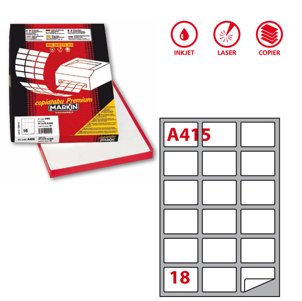 MARKIN - 210A415 - Etichette adesive A415 - permanenti - 63,5 x 46,6 mm - 18 et-fg - 100 fogli A4 - bianco - Markin