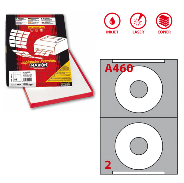 MARKIN - 210A460 - Etichette adesive A460 - per CD - permanenti - diametro CD 114,5 mm - foro 41 mm - 2 et-fg - 100 fogli A4 - bianco - Markin