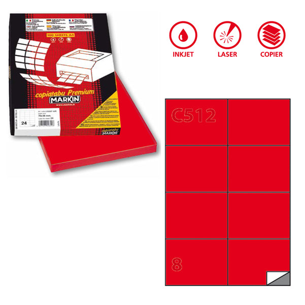 MARKIN - 210C512RO - Etichette adesive C512 - permanenti - 105 x 74,25 mm - 8 et-fg - 100 fogli A4 - rosso - Markin