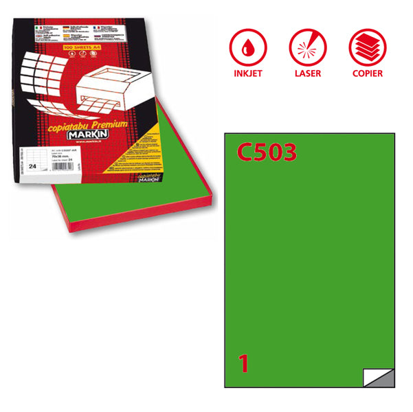 MARKIN - 210C503VE - Etichette adesive C503 - permanenti - 210 x 297 mm - 1 et-fg - 100 fogli A4 - verde - Markin