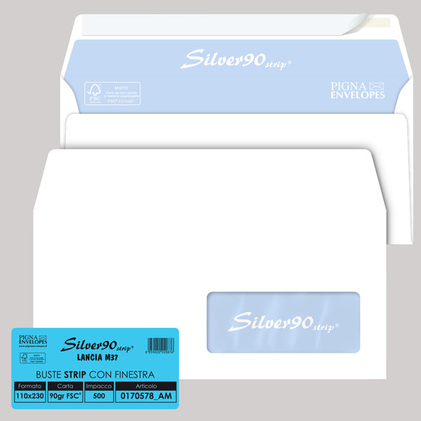 PIGNA - 0170578AM - Busta Silver90 Strip FSC - con finestra - internografata - 11 x 23 cm - 90 gr - bianco - Pigna - conf. 500 pezzi