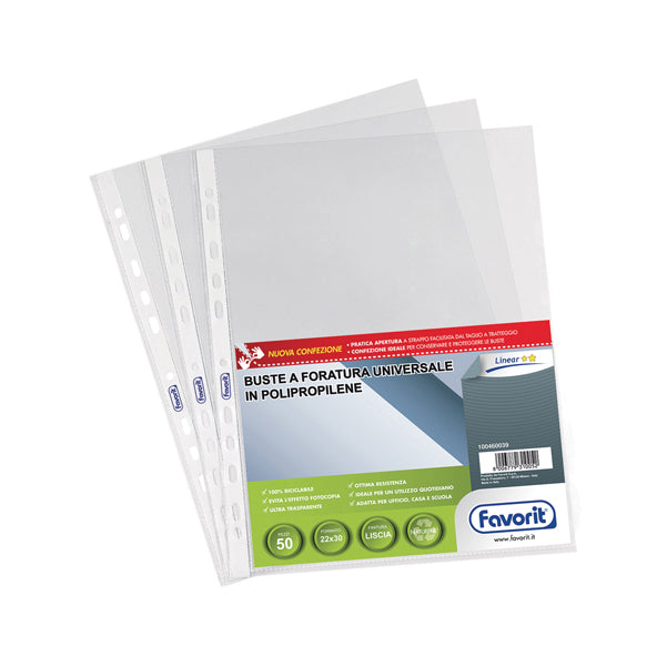 FAVORIT - 100460039 - Buste forate Special PP - Linear - liscio - 22x30 cm - trasparente - Favorit - conf. 50 pezzi