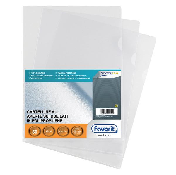 FAVORIT - 100460050 - Cartelline a L Pratic - Superior - PPL - buccia - 22x30 cm - trasparente - Favorit - conf. 50 pezzi