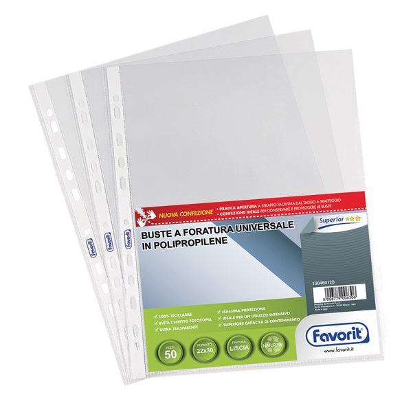 FAVORIT - 100460120 - Buste forate Special PP - Superior - liscia - 22x30 cm - trasparente - Favorit - conf. 50 pezzi