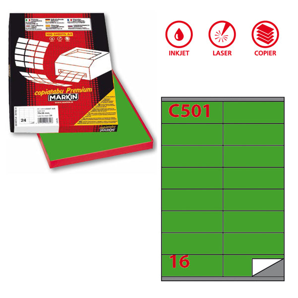 MARKIN - 210C501VE - Etichette adesive C501 - permanenti - 105 x 36 mm - 16 et-fg - 100 fogli A4 - verde - Markin