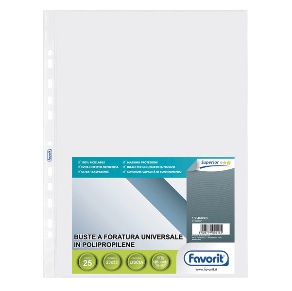 FAVORIT - 100460065 - Buste forate Special PP - Superior - liscio - 23x33 cm - trasparente - Favorit - conf. 25 buste