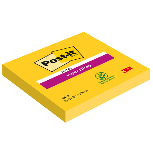 POST-IT - 7100290189 - Blocco foglietti Post it Super Sticky - 654-S - 76 x 76 mm - giallo oro - 90 fogli - Post it