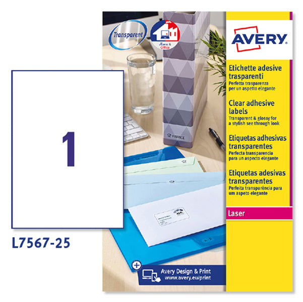 AVERY - L7567-25 - Etichette adesive L7567 - permanenti - per stampanti laser - 210 x 297 mm - 1 et-fg - 25 fogli A4 - poliestere - trasparente - Avery