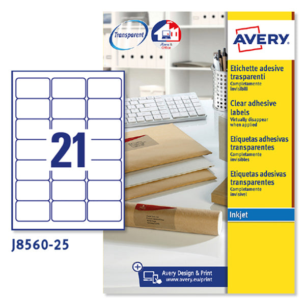 AVERY - J8560-25 - Etichette adesive J8560 - permanenti - per stampanti inkjet - 63,5 x 38,1 mm - 21 et-fg - 25 fogli A4 - poliestere - trasparente - Avery