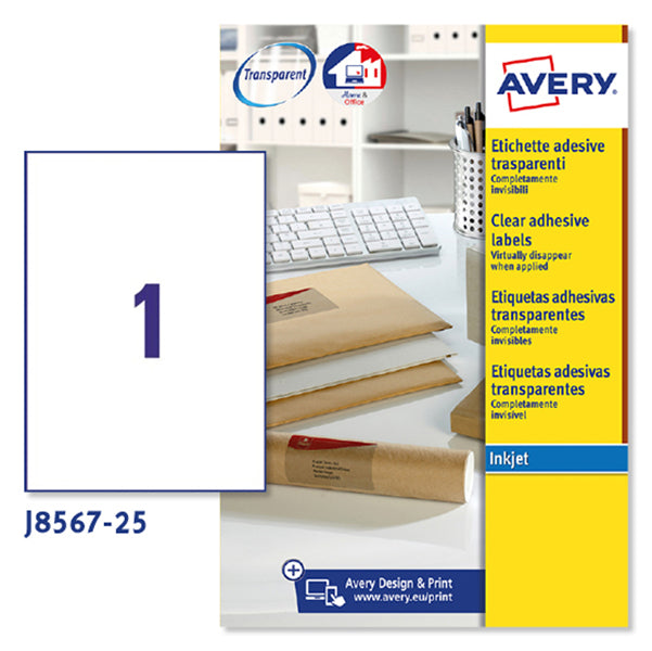 AVERY - J8567-25 - Etichette adesive J8567 - permanenti - per stampanti inkjet - 210 x 297 mm - 1 et-fg - 25 fogli A4 - poliestere - trasparente - Avery