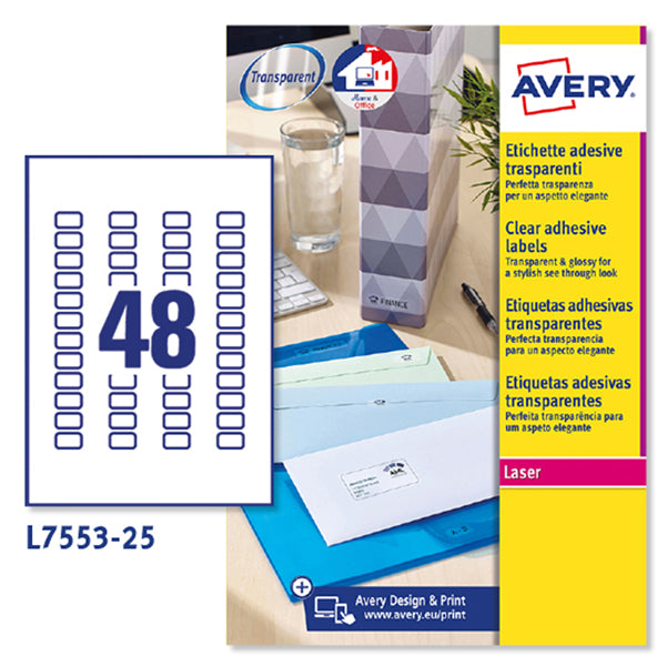 AVERY - L7553-25 - Etichette adesive L7553 - permanenti - per stampanti laser - 22 x 12,7 mm - 48 et-fg - 25 fogli A4 - poliestere - trasparente - Avery