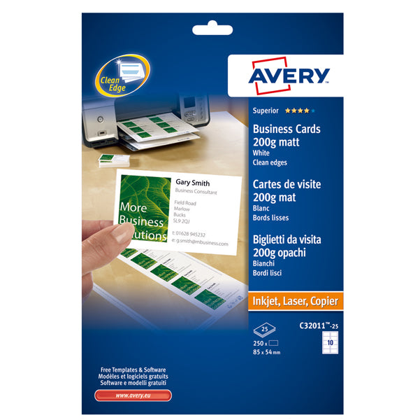 AVERY - C32011-25 - Biglietti da visita - 85 x 54 mm - 200 gr - effetto opaco - bianco - Avery - conf. 25 fogli da 10 biglietti