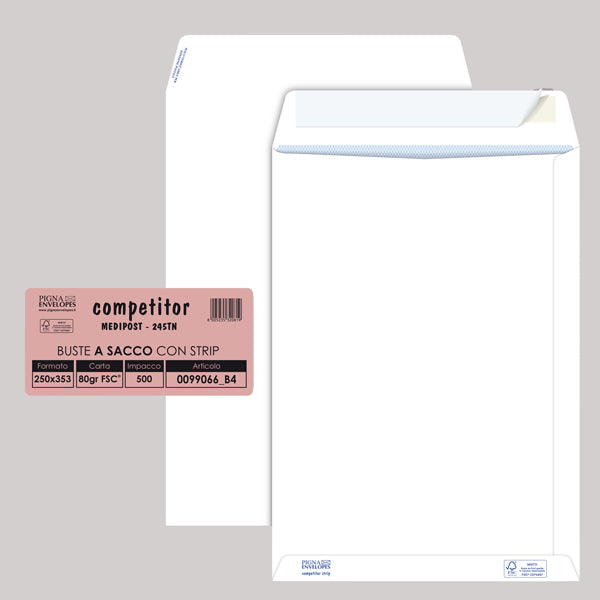 PIGNA - 0099066B4 - Busta a sacco Competitor FSC - strip adesivo - 25 x 35,3 cm - 80 gr - bianco - Pigna - conf. 500 pezzi