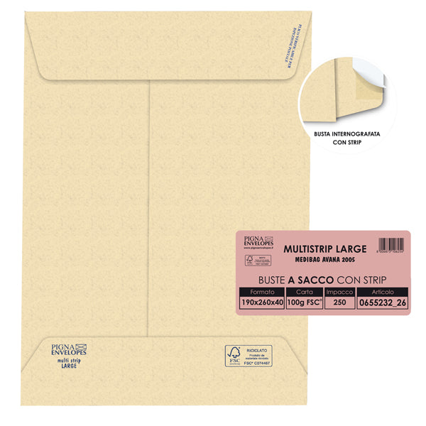 PIGNA - 065523226 - Busta a sacco Multi Strip Large - soffietti laterali - strip adesivo - 19 x 26 x 4 cm - 100 gr - carta riciclata FSC - avana - Pigna - conf. 250 pezzi