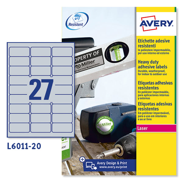 AVERY - L6011-20 - Etichette adesive L6011 - permanenti - per stampanti laser - 63,5 x 29,6 mm - 27 et-fg - 20 fogli A4 - poliestere - argento - Avery