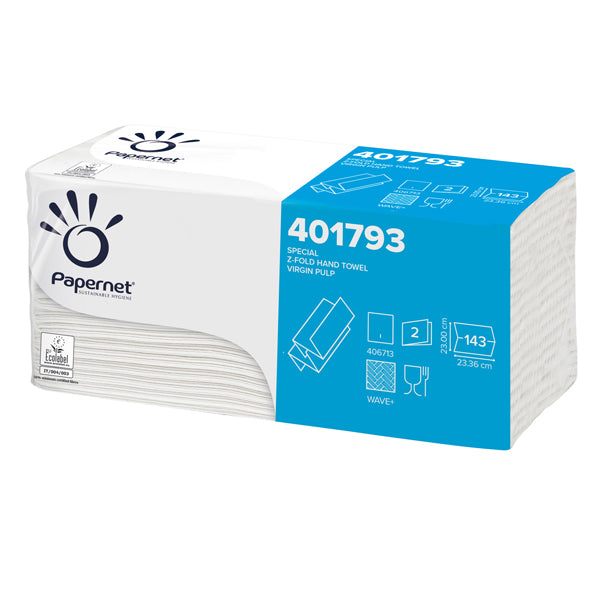 PAPERNET - 401793 - Asciugamani piegati a Z - 2 veli - 22 gr - goffratura a onda+ - 23,4 x2 3 cm - bianco - Papernet - conf. 143 pezzi