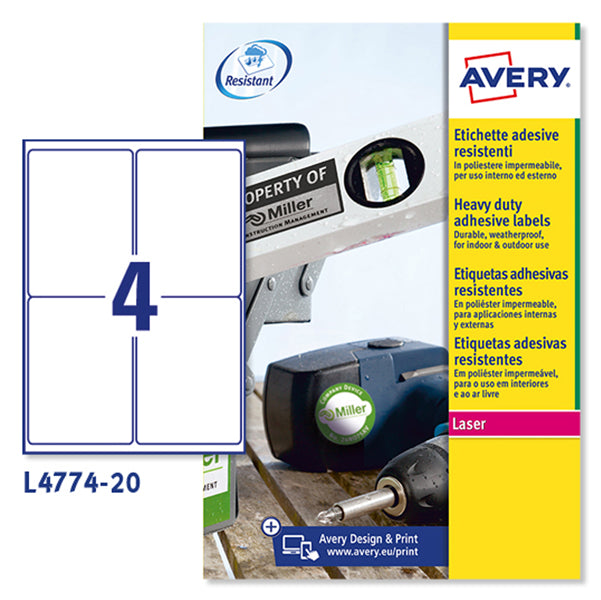 AVERY - L4774-20 - Etichette adesive L4774 - permanenti - per stampanti laser - 99,1 x 139 mm - 4 et-fg - 20 fogli A4 - poliestere - bianco - Avery